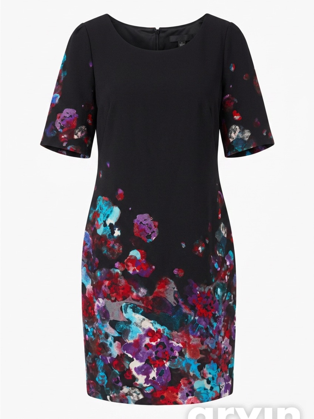 DR Collection Women’s Size 10 Black Floral Sheath Dress Short Sleeve Lined